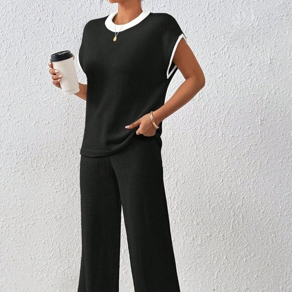 Black Preppy Women's Loose Knit Casual Contrast Trim Drawstring Sweater & Pants - Picture 4 of 7